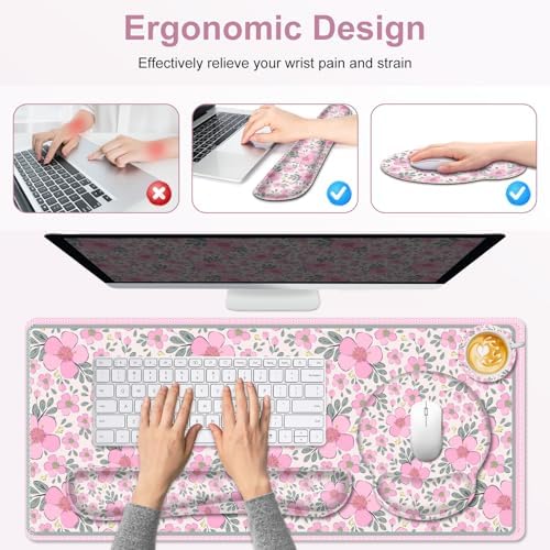 Floral Desk Mat, 4in1 Large Mouse Pad with Wrist Rest, Cute Desk Matt for Desktop, Deskpad Mat, Anti-Slip XXL Computer Ergonomic Mousepad with Wrist Support for Keyboard and Mouse I Pink Flowers - Image 5