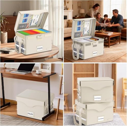 DocSafe 5200°F Fireproof Document Box with Lock,Heat Insulated File Organizer Storage with Pockets,Collapsible Portable Home Office File Safe Box with Handle for Hanging Letter/Legal Folders, Beige - Image 2