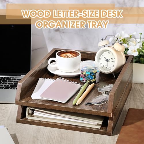 DoubleFill 2 Pcs Wooden Letter Tray 2 Tier Letter-Size Desk Tray, Dark Wood - Image 3