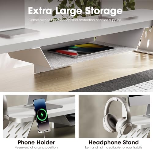 Fenge Dual Monitor Stand, Wooden Desk Shelf with Headphone & Phone Holder - Image 3