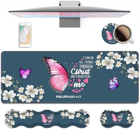 Ergonomic Keyboard Wrist Rest & Mouse Pad Wrist Rest Set, Large XXL Gaming Desk Mat 31.5"x 11.8" with Non-Slip Base for Home Office Study Gaming, Floral Butterfly Quote Bible Verse Philippians 4:13 by Unknown