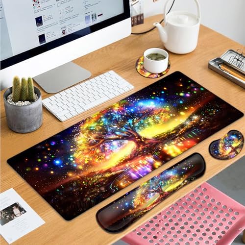 Large Gaming Mouse Pad+ Keyboard Wrist Rest Set, Ergonomics Memory Foam Mouse Mat Wrist Rest Support for Home Office, Waterproof Extended Mousepad 31.5x11.8in, Colorful Tree of Life Desk Pad - Image 7
