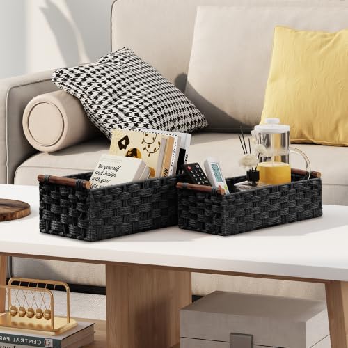 Vagusicc Wicker Storage Basket, Set of 2 Hand-Woven Paper Rope Wicker Basket for Organizing with Handle Decorative Storage Bins for Counter Pantry Shelves Toilet Paper Basket for Toilet Tank Top,Black - Image 4