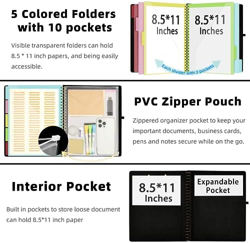 Ospelelf Black Foldable Spiral Clipboard Folio with Storage Zipper Pouch, 5 Plastic Folders with 10 Pockets,Refillable Lined Notepad (11" x 8.5"), Hardcover Project Organizer with 39 Stickers - Image 2