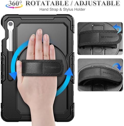 SEYMAC stock Case for Samsung Galaxy Tab S10 FE+ Plus 5G Tablet Case 13.1'' Protective with Screen Protector, Pen Holder, 360 Rotate Stand, Hand Strap, Shoulder Strap, Black1 - Image 4