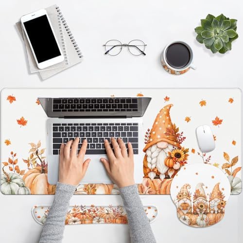 Britimes Keyboard Mouse Pad Set, 4 in 1 Desk Mat Set, Fall Gnome - Image 7
