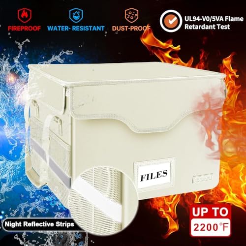 DocSafe Fireproof Document Box with Lock,File Storage Organizer with Zipper Pockets,Collapsible Portable File Box Home Office Safe Filing Cabinet with Handle for Hanging Letter/Legal Folders,Beige - Image 3