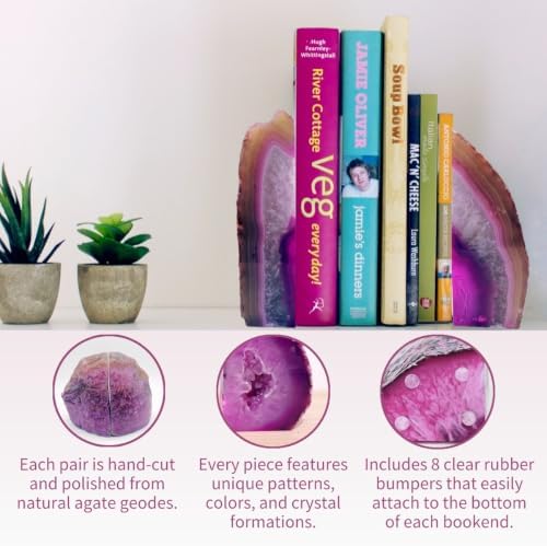 Agate Bookends Pair - Natural Geode Style, Dyed Pink 3-4 lbs Heavy Duty with Rubber Bumpers | Non-Slip Crystal Bookends for Heavy Books | Unique Home Decor - Image 3