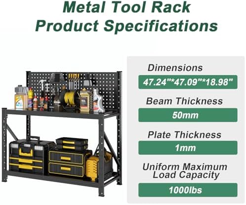 Work Bench with Pegboard,Heavy Duty 3000lbs Capacity Workbench Adjustable Shelves,Work Table for Garage Warehouse47.2 H*47.09" W*19" D - Image 6