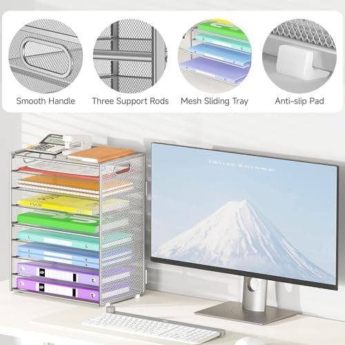 Cawukege 9 Tier Paper Organizer with Handle, Large Capacity Desk Organizer Mesh File Folder Letter Paper Tray Desktop Document Sorter for Classroom, School, and Office Accessories Organization- Silver - Image 4
