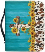 Blue Wood Grain Cross Bible Covers Case, Sunflowers Cow Print Women Girls Bible Cover Church Bag with Top Handle Protective Bible Carrying Case PU Leather Bag - Image 2