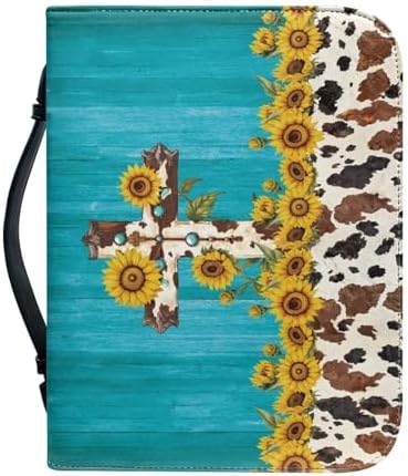 Blue Wood Grain Cross Bible Covers Case, Sunflowers Cow Print Women Girls Bible Cover Church Bag with Top Handle Protective Bible Carrying Case PU Leather Bag - Image 2
