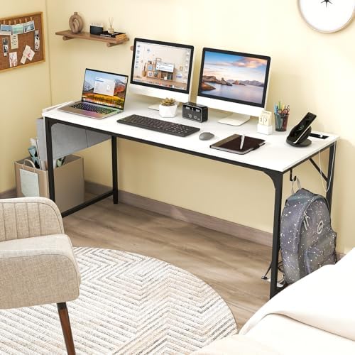 Giantex 60 Inch Computer Desk with Charging Station, Home Office Writing Desk with Storage Bag & Headphone Hook, Large Gaming Table PC Workstation, Modern Simple Laptop Desk for Bedroom, Study - Image 2