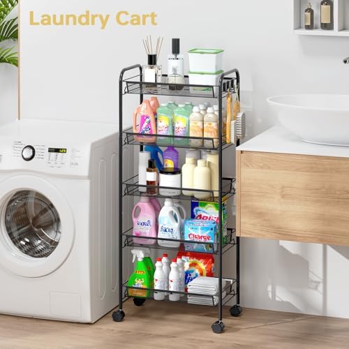 TOOLF 5 Tier Rolling Cart, Metal Utility Storage Cart with Wheels, Black - Image 2
