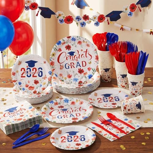 400 Pcs 2026 Red White Blue Graduation Decoration for 50, Red Blue Floral Graduation Paper Plates Napkins Cups Cutlery Flower Grad Tableware for Class of 2026 Congrats Grad Party Supply - Image 4