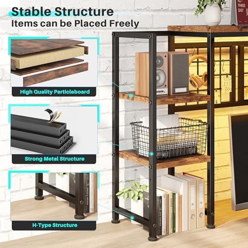 REIBII 5-Tier Desk Shelf with LED for Home Office Dorm, Rustic Brown - Image 5