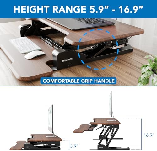 Mount-It! Height Adjustable Standing Desk Converter, Compact 30” Wide Tabletop Standing Desk Riser with Gas Spring, Desktop Stand Up Workstation with Keyboard Tray Fits Monitor or Laptop, Dark Walnut - Image 3