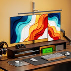 FENSULN Dual‑Tier Monitor Stand for Minimalist Wooden and Metal Riser Shelf Desktop Stands Organizer with Underneath Storage for Dual Monitors, Laptops, Home Office Aesthetic Brown - Image 2