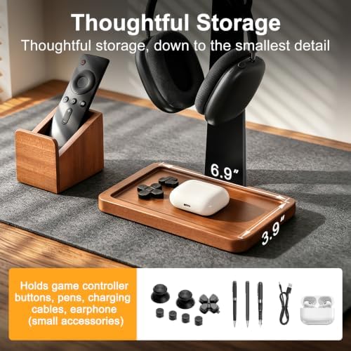 Solid Wood Metal Headphone Stand with Modular Controller Holder for Desk - Image 5