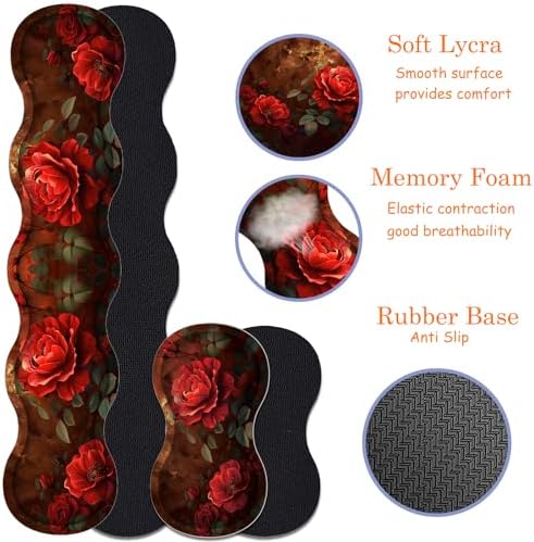 Large Gaming Mouse Pad + Keyboard Wrist Rest + Wrist Support + Coaster Set, Memory Foam Ergonomic for Easy Typing, XXL Extended Gaming Mouse Pad Table Pad - Red Rose - Image 3