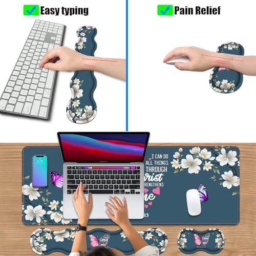 Ergonomic Keyboard Wrist Rest & Mouse Pad Wrist Rest Set, Large XXL Gaming Desk Mat 31.5"x 11.8" with Non-Slip Base for Home Office Study Gaming, Floral Butterfly Quote Bible Verse Philippians 4:13 - Image 6