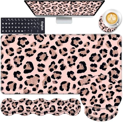 Mouse Pad,Large Pink Desk Mat, 4in1 XXL Mousepad + Keyboard Wrist Rest+Mouse Wrist Rest+Coaster Set with Ergonomic Desk Pad for Home Office Table Computer-Cute Leopard by CICPLKSE