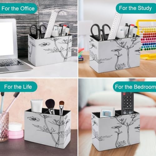 PU Leather Multi-Compartment Pen Holder Desktop Organizer Pencil Cup Storage Caddy for Office Home Supplies Wildflowers Line Drawn on Watercolor - Image 4