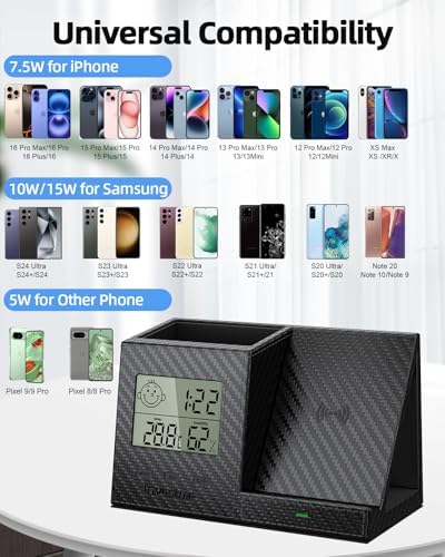 Pen Holder for Desk, Desk Organizer with Wireless Charger, Built in Digital Indoor Thermometer and Humidity Monitor, Multi-Functional Pencil Organizer for Home Office, Black Carbon Fiber - Image 3