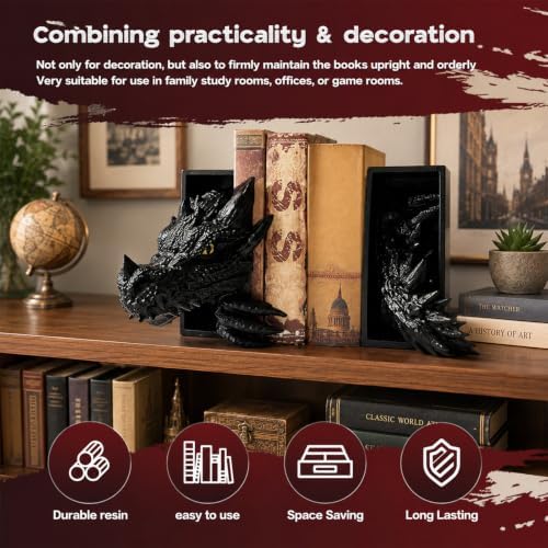 Dragon Bookends Ornaments, Gothic Fantasy Bookends, Book Lovers Unique Resin Shelf Holder Set, Functional Resin Animal Statue Sculpture Book Holder for Home Office Bookshelf（Purple） - Image 4
