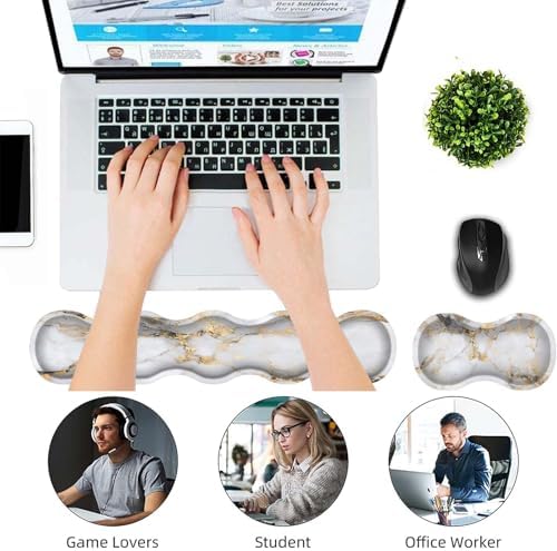 Keyboard Wrist Rest and Mouse Pad Wrist Support Set,Ergonomic Memory Foam Wrist Pad & Non Slip Base for Home Office Working Studying Easy Typing,White Gold Marble - Image 6