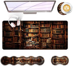 Large Keyboard Mouse Pad Set, Extended Mouse Pad+Keyboard Wrist Rest Support, Memory Foam Ergonomic Easy Typing, 4Pcs (31.5×11.8 in) Desk Pad Set for Office Home,Vintage Books on Bookshelf by Unknown
