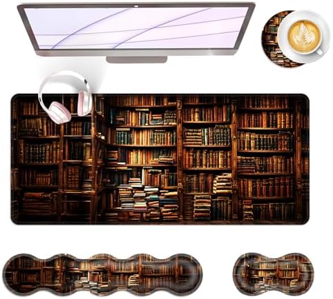 Large Keyboard Mouse Pad Set, Extended Mouse Pad+Keyboard Wrist Rest Support, Memory Foam Ergonomic Easy Typing, 4Pcs (31.5×11.8 in) Desk Pad Set for Office Home,Vintage Books on Bookshelf by Unknown
