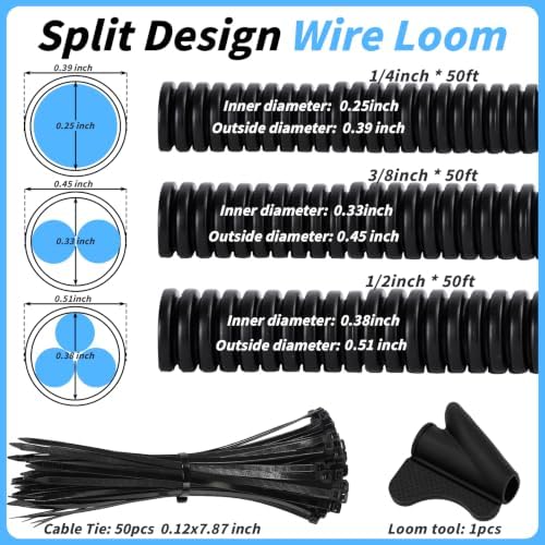 Oleitodh 1/4" 1/2" 3/8" OD Split Wire Loom Tubing 150ft, with 50 Ties - Image 2