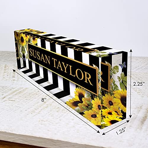 Artblox Office Desk Name Plate Personalized | Custom Name Plates on Acrylic Glass Decor | Office Desk Decor - Sunflowers Design - (8"x2.5") - Image 2