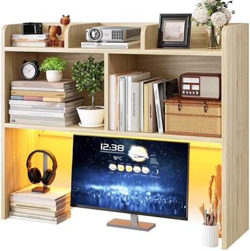 REIBII 3 Tier Desk Hutch, 6 Shelves to Storage, LED Desktop Shelf by REIBII