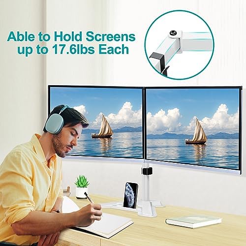 MOUNT PRO Dual Monitor Stand, Free-Standing Full Motion Monitor Desk Mount Fits 2 Screens up to 27 inches,17.6lbs with Height Adjustable, Swivel, Tilt, Rotation, VESA 75x75 100x100,White - Image 2