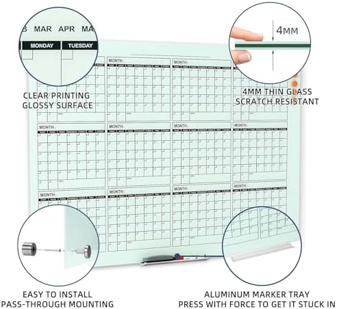 TSJ OFFICE Glass Calendar Whiteboard - 48" x 36" Yearly Planner for Wall - Image 3