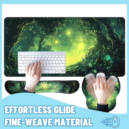 Magic Forest Desk Mat Set Green Fantasy Landscape Large Mouse Pad with Wrist Rest 4in1 Desk Mat for Desktop Ergonomic Keyboard Wrist Support Anti-Slip Computer Ergonomic Mouse Pad Home Office Gaming - Image 4