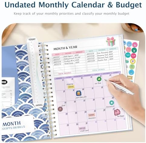 Ospelelf Budget Planner Undated, Money Expense Tracker with Pockets & Stickers, Thick Cardboard Cover, Large Pages for Spacious Writing, Original Fun Colorful Design, 12 Month Financial Notebook, Blue Pool - Image 3