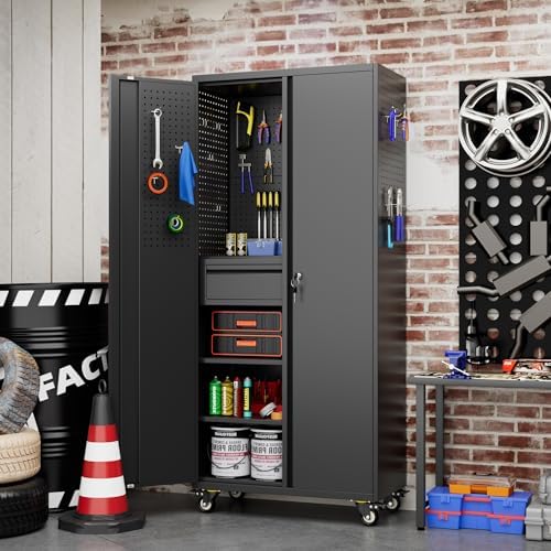 SUXXAN 71-Inch Garage Storage Cabinet with Drawer, Pegboard and Wheels - Image 2