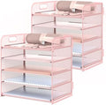 2 Pack Letter Tray 5-Tier Desk Organizer File Paper Holder with Handle, Metal Desktop Document Shelf Tray Office Classroom Organization - Pink by Sinboun