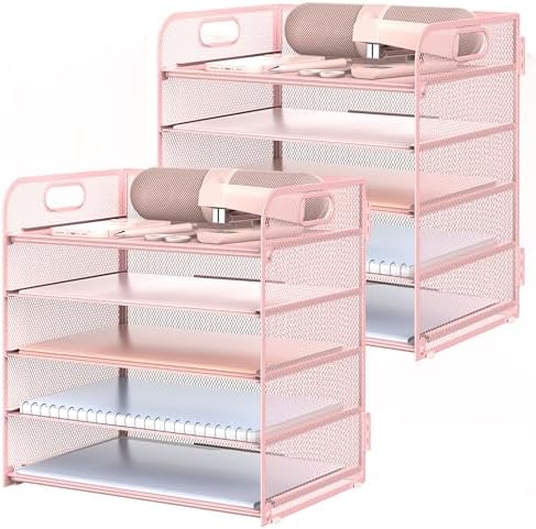 2 Pack Letter Tray 5-Tier Desk Organizer File Paper Holder with Handle, Metal Desktop Document Shelf Tray Office Classroom Organization - Pink by Sinboun