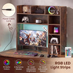 LDAILY Desktop Bookshelf with LED Lights, 35.5’’ Wooden Desk Shelf with 8 Cubes & 3 Adjustable Storage Shelves, 5-Tier Desk Hutch for Dorm College Office Computer Monitor Up to 25’’(Rustic Brown) - Image 4