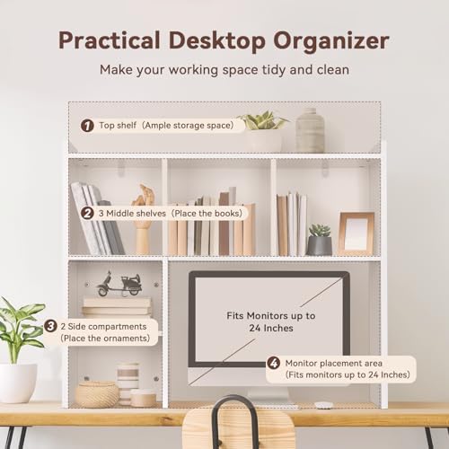 35.5" Dorm Desk Hutch White, Desktop Bookshelf with 5 Shelves - Image 6