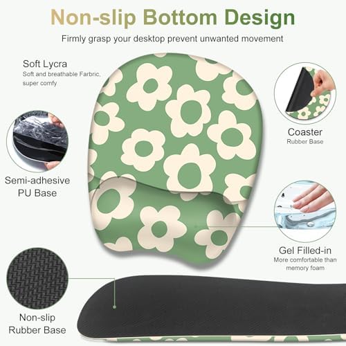 Large Mouse Pad with Wrist Support 4in1 Set, XXL Game Mousepad +Keyboard Wrist Rest+Mouse Wrist Rest+Coaster Ergonomic Design Gaming Mat for Home Office Table Computer I Vintage Groovy Flowers - Image 5
