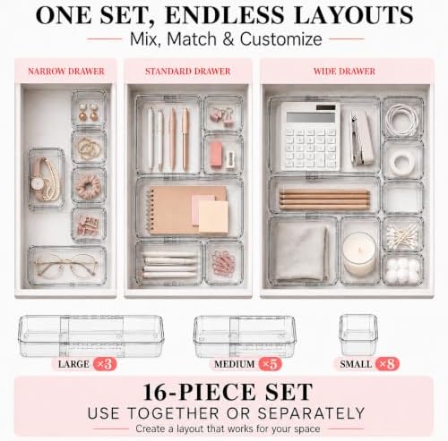 Adjustable Clear Drawer Storage Organizer, 16 Pack 3 Sizes Expandable Plastic Storage Boxes for Kitchen, Bathroom, Vanity, Office, Makeup, Desk and Closet Organization - Image 7