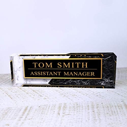 Artblox Personalized Office Desk Name Plate and Business Card Holder | Clear Acrylic Glass with Teak Wood Stand | Black White Marble Design Customized with Your Name and Credentials Office Desk Decor - Image 6