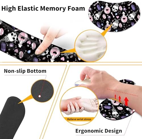 Large Gaming Mouse Pad Set 35.4 x 15.7 with Keyboard Wrist Rest, Wrist Support, and Coaster Memory Foam Smooth Desk Pad Mousepad for Home Office School - Skull Goth Magic Cute Witchy - Image 6