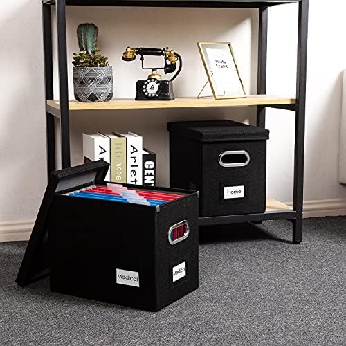 PRANDOM File Organizer Box - Set of 4 Collapsible Decorative Linen Filing Storage Hanging File Folders with Lids Office Cabinet Letter Size Black (14x9.3x10.8 inch) - Image 3