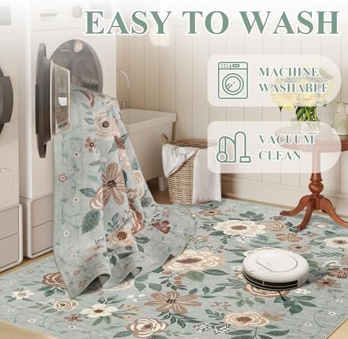 DUKINO 5x7 Area Rug Floral Washable Rug for Living Room Non Slip Sage Green - Image 6